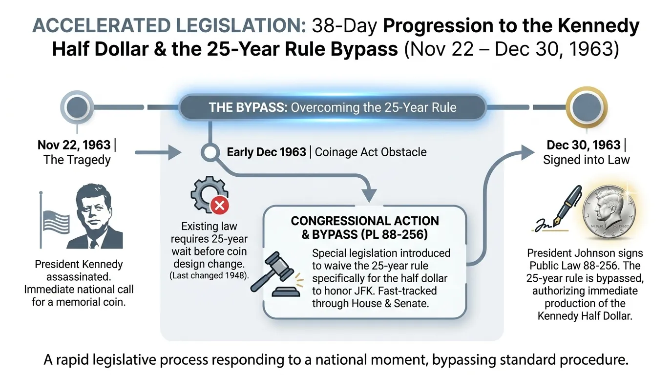Timeline showing the 38-day progression from Nov 22, 1963, to the Dec 30 signing of PL 88-256, highlighting the bypass of the 25-year coinage rule.