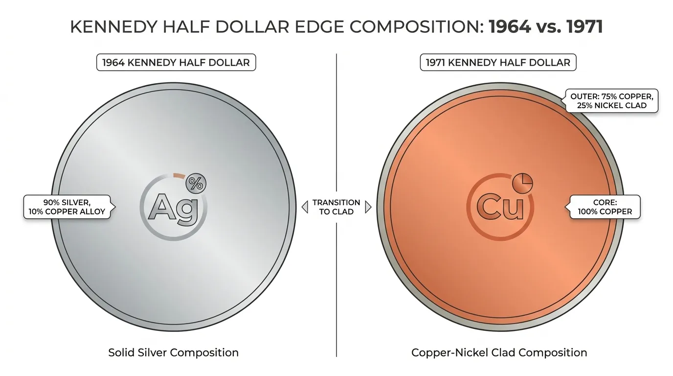 Macro cross-section of a 1964 vs 1971 Kennedy Half Dollar edge, highlighting the silver purity vs. the copper core.