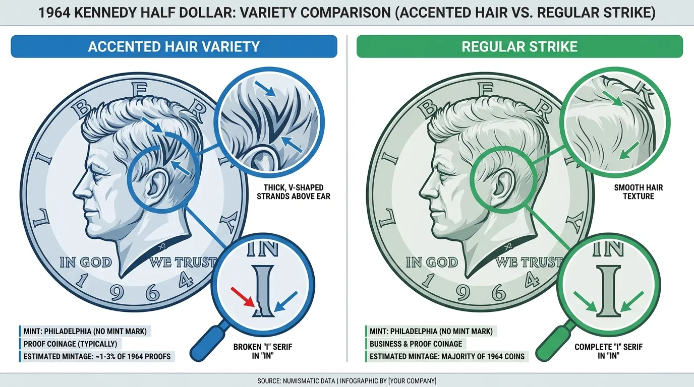 Split-screen macro view comparing a 1964 Kennedy Half Dollar. Left side: 'Accented Hair' variety highlighting thick V-shaped strands above the ear and a broken 'I' serif. Right side: 'Regular' strike with smooth hair texture and a complete 'I' serif. Labels use professional technical callouts.