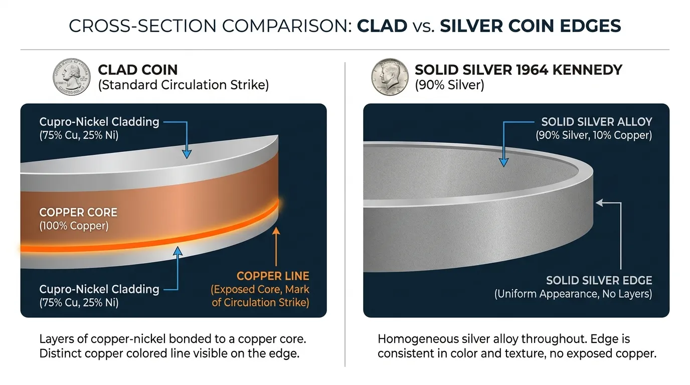 Cross-section comparison showing the 3-layer "sandwich" of a clad coin vs. the solid silver edge of a 1964 Kennedy, highlighting the "Copper Line" as a mark of a standard circulation strike.