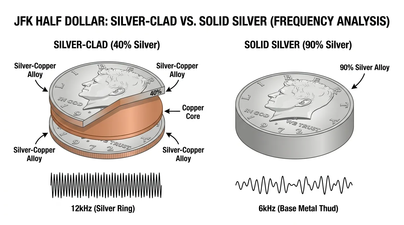3D exploded view of a JFK Half Dollar showing the silver-clad layers vs solid silver, with a sound wave graphic illustrating the frequency difference between 12kHz (silver) and 6kHz (base metal).