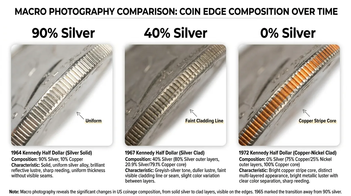 Macro photography comparison of three coin edges: 1) 1964 (solid brilliant silver), 2) 1967 (greyish silver with faint line), 3) 1972 (bright orange/brown copper stripe). Labels use clean, sans-serif typography with "90% Silver", "40% Silver", and "0% Silver" headers.
