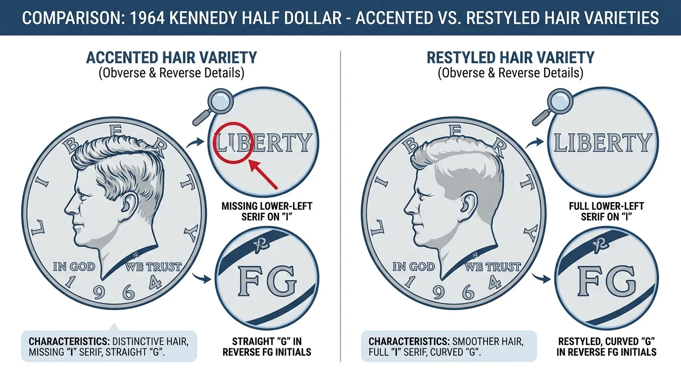 Comparison of the 1964 "Accented Hair" obverse vs. the "Restyled" hair. Zoom-in on the missing lower-left serif of the letter "I" in LIBERTY and the straight "G" in the reverse FG initials.