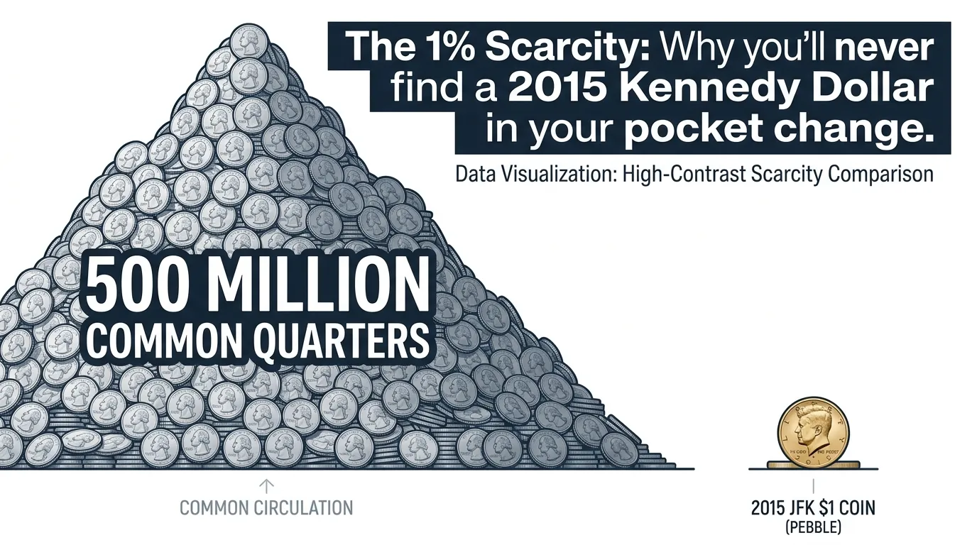 A high-contrast comparison graphic. On the left, a mountain representing 500 million common quarters; on the right, a small pebble representing the 2015 JFK $1 coin. Text overlay: "The 1% Scarcity: Why you'll never find a 2015 Kennedy Dollar in your pocket change."