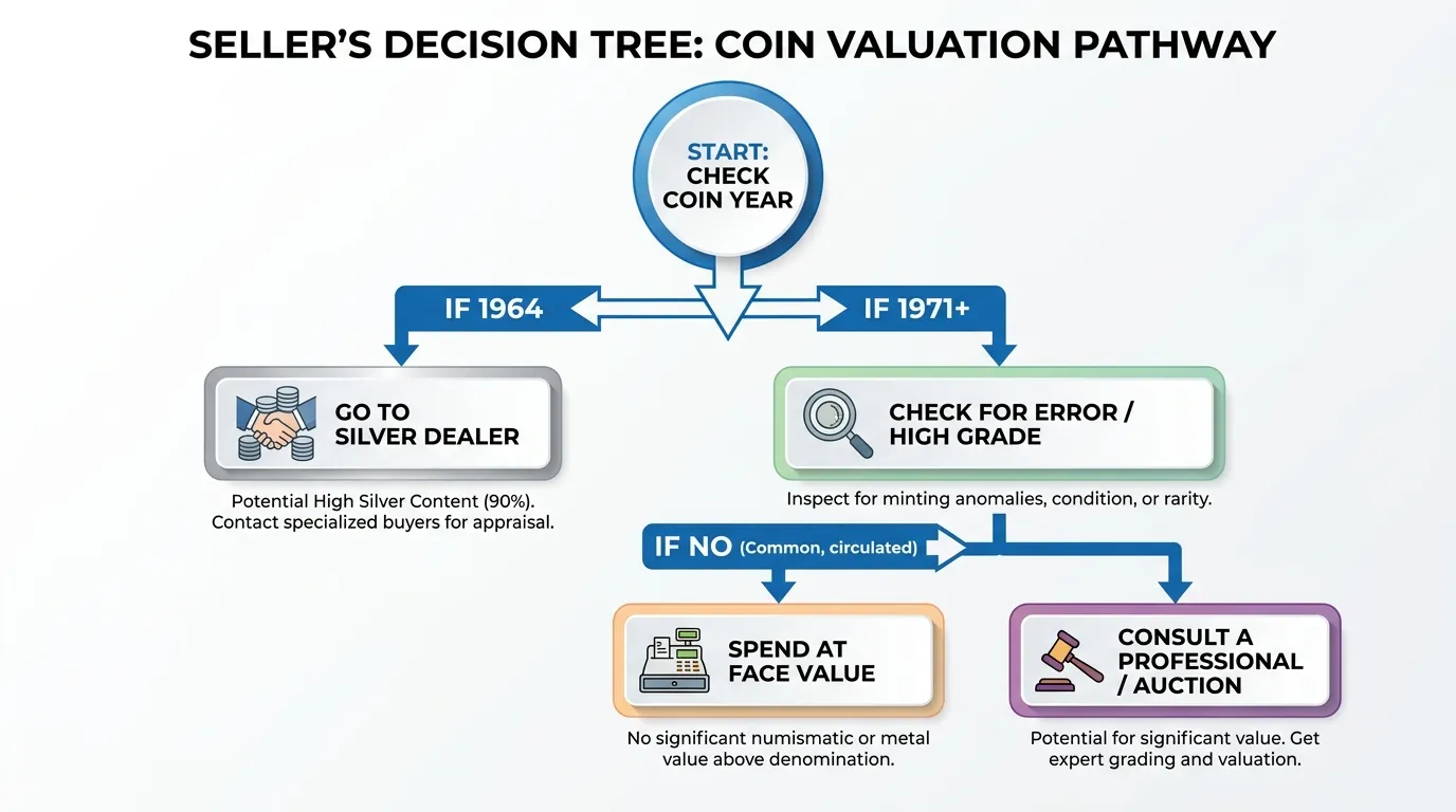 A decision tree for sellers: Start with 'Check Year' -> If 1964, go to 'Silver Dealer' -> If 1971+, go to 'Check for Error/High Grade' -> If no, 'Spend at face value'.