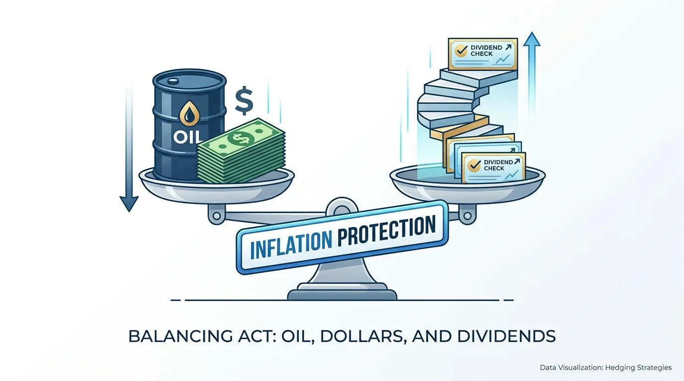 A balanced scale showing a barrel of oil and a stack of US dollars on one side, and a rising staircase of dividend checks on the other, with a label "Inflation Protection" balancing the weights.