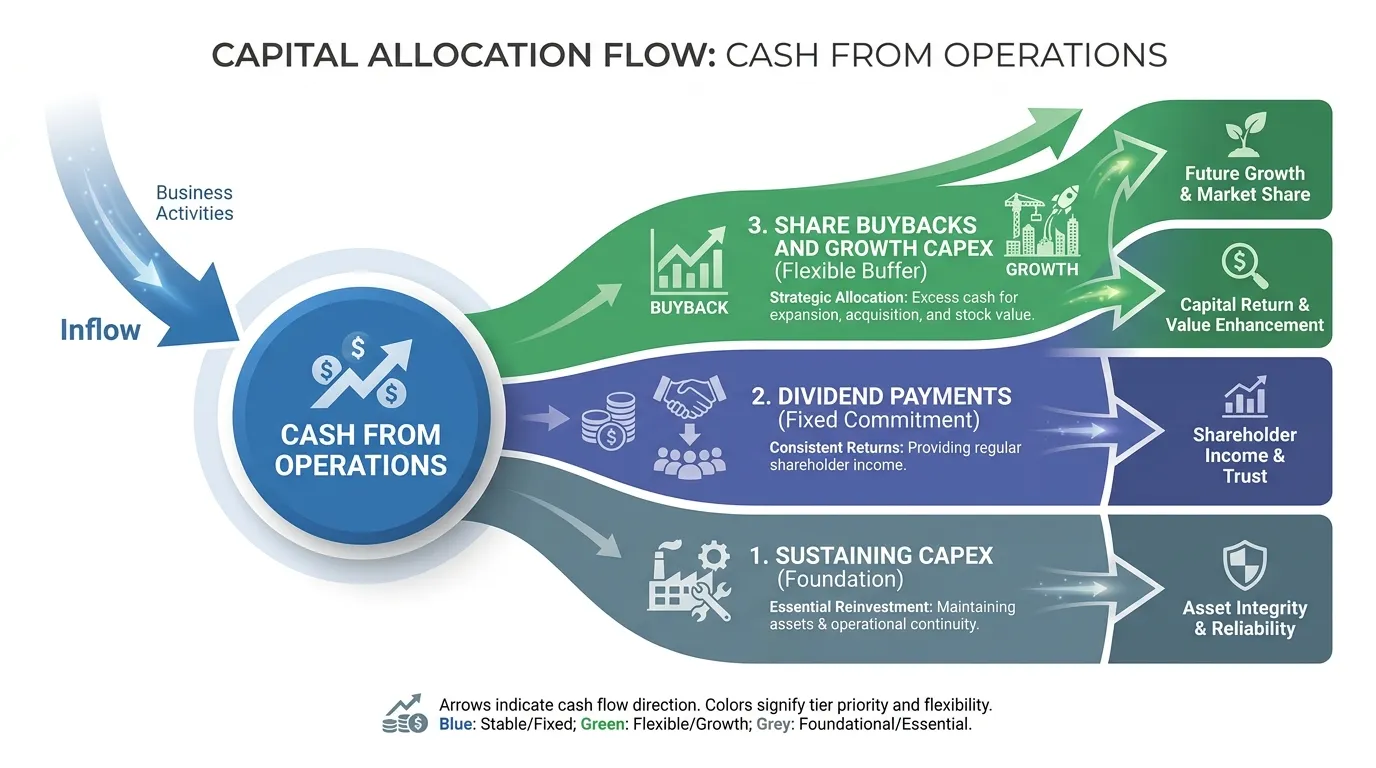 A circular flow diagram showing Cash from Operations entering a central hub, then splitting into three tiered streams: 1. Sustaining Capex (Foundation), 2. Dividend Payments (Fixed Commitment), 3. Share Buybacks and Growth Capex (Flexible Buffer).