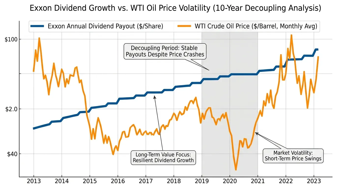 Professional line graph showing Exxon's dividend growth vs. oil price volatility (WTI) over 10 years, highlighting the decoupling of payouts from short-term price swings.