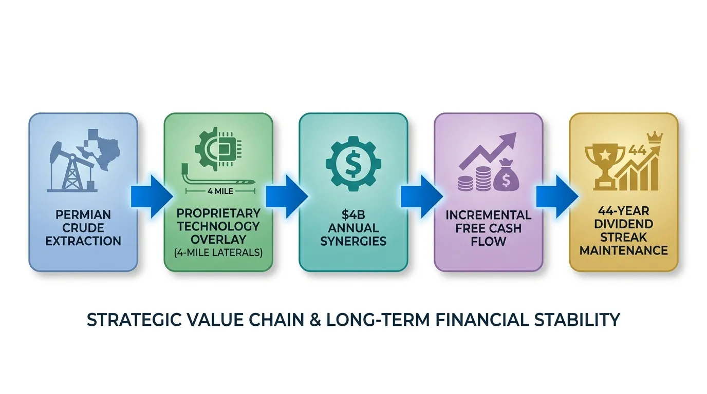 A horizontal flow chart showing Permian Crude Extraction → Proprietary Technology Overlay (4-mile laterals) → $4B Annual Synergies → Incremental Free Cash Flow → 44-Year Dividend Streak Maintenance.