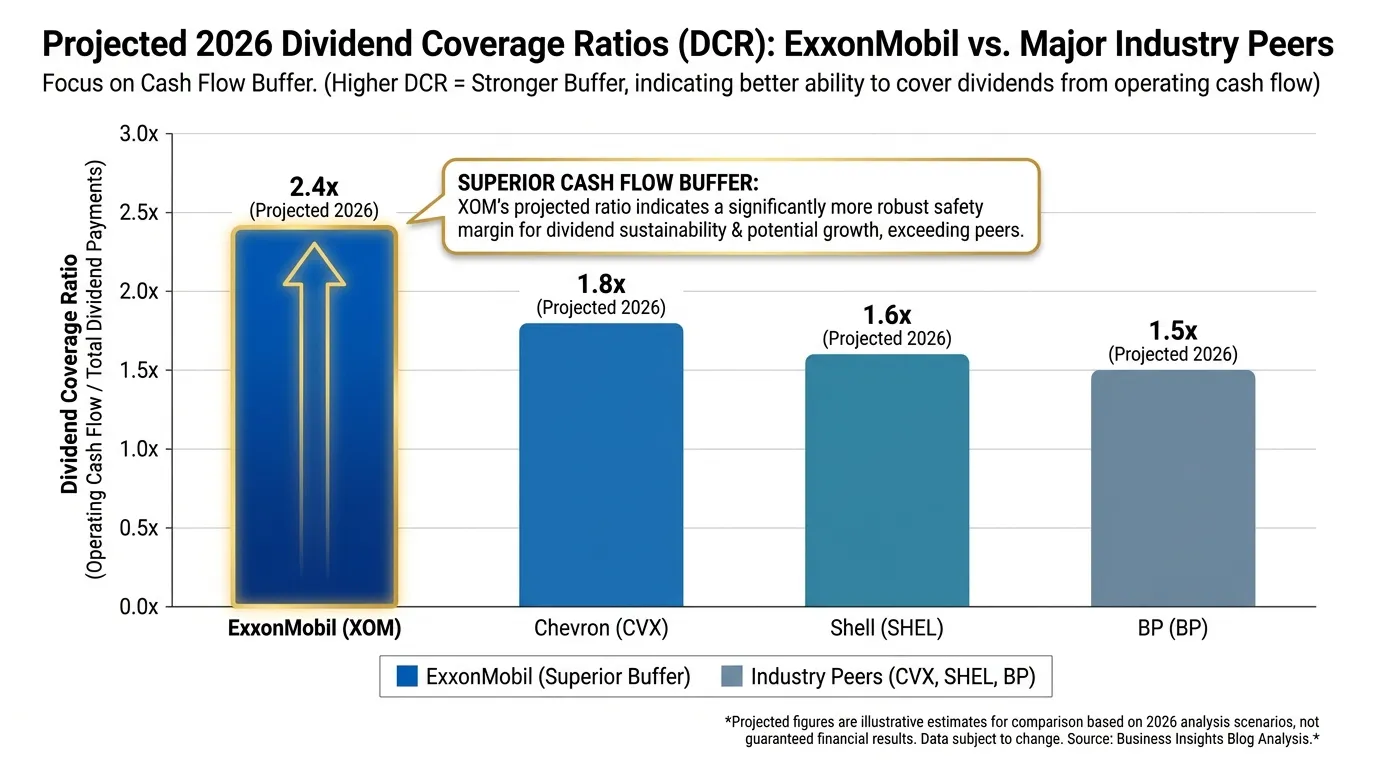 Professional bar chart comparing ExxonMobil's dividend coverage ratio against industry peers (Chevron, Shell, BP) for 2026, highlighting XOM's superior cash flow buffer.