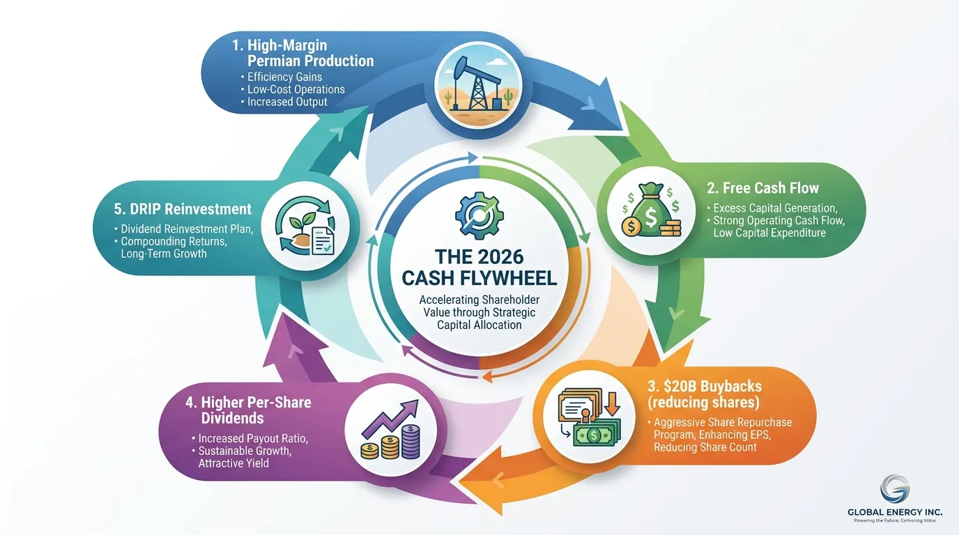 A circular flowchart titled 'The 2026 Cash Flywheel' showing 1. High-Margin Permian Production -> 2. Free Cash Flow -> 3. $20B Buybacks (reducing shares) -> 4. Higher Per-Share Dividends -> 5. DRIP Reinvestment.