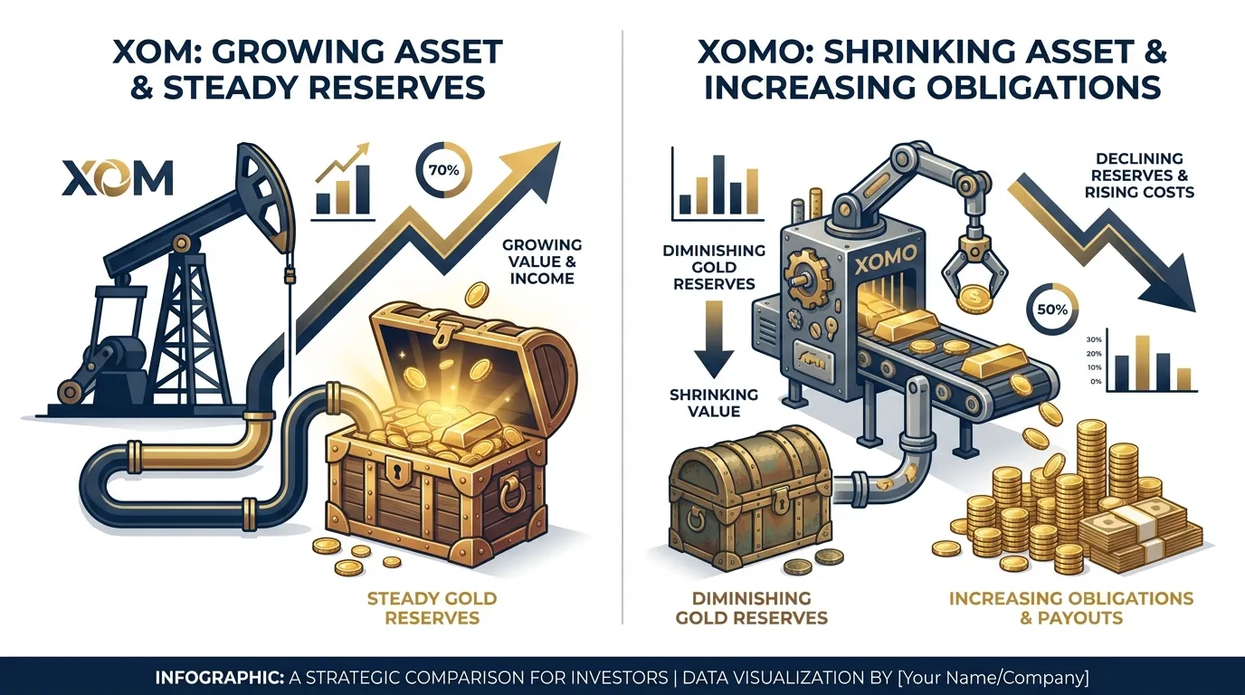 A split-screen comparison: Left side showing a growing oil well (XOM) feeding a steady chest of gold; Right side showing a machine (XOMO) taking gold from a smaller chest to pay a larger pile, while the chest itself shrinks. Use professional navy and gold color palette.