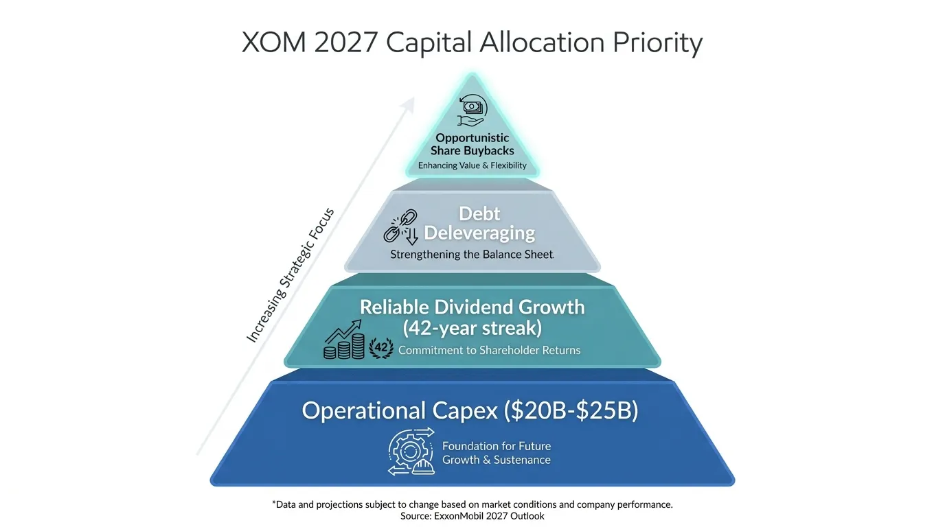 A tiered pyramid labeled "XOM 2027 Capital Allocation Priority." Base tier (largest): Operational Capex ($20B-$25B). Second tier: Reliable Dividend Growth (42-year streak). Third tier: Debt Deleveraging. Top tier (flexible): Opportunistic Share Buybacks.