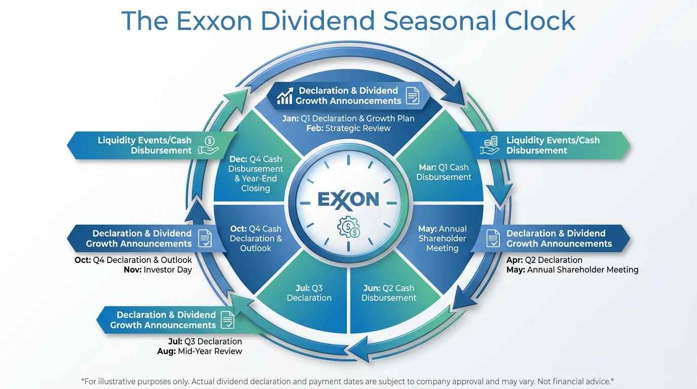 A circular flow chart titled "The Exxon Dividend Seasonal Clock." Mark Jan/Apr/Jul/Oct as "Declaration & Dividend Growth Announcements" and Mar/Jun/Sep/Dec as "Liquidity Events/Cash Disbursement."
