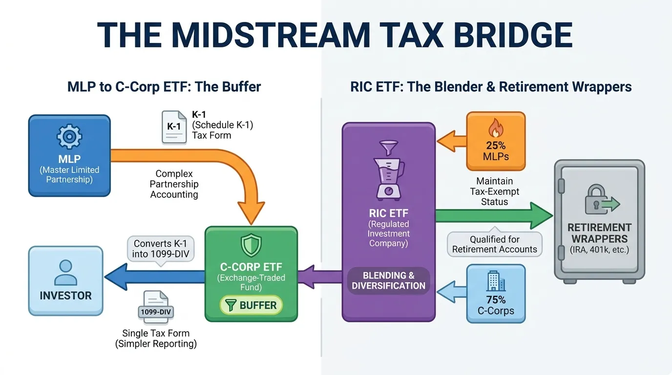 Flowchart titled "The Midstream Tax Bridge." Left side shows an MLP issuing a K-1 to a C-Corp ETF; the ETF acts as a 'buffer,' converting complex partnership accounting into a single 1099-DIV. Right side shows a RIC ETF blending 25% MLPs with 75% C-Corps to maintain tax-exempt status for retirement wrappers.