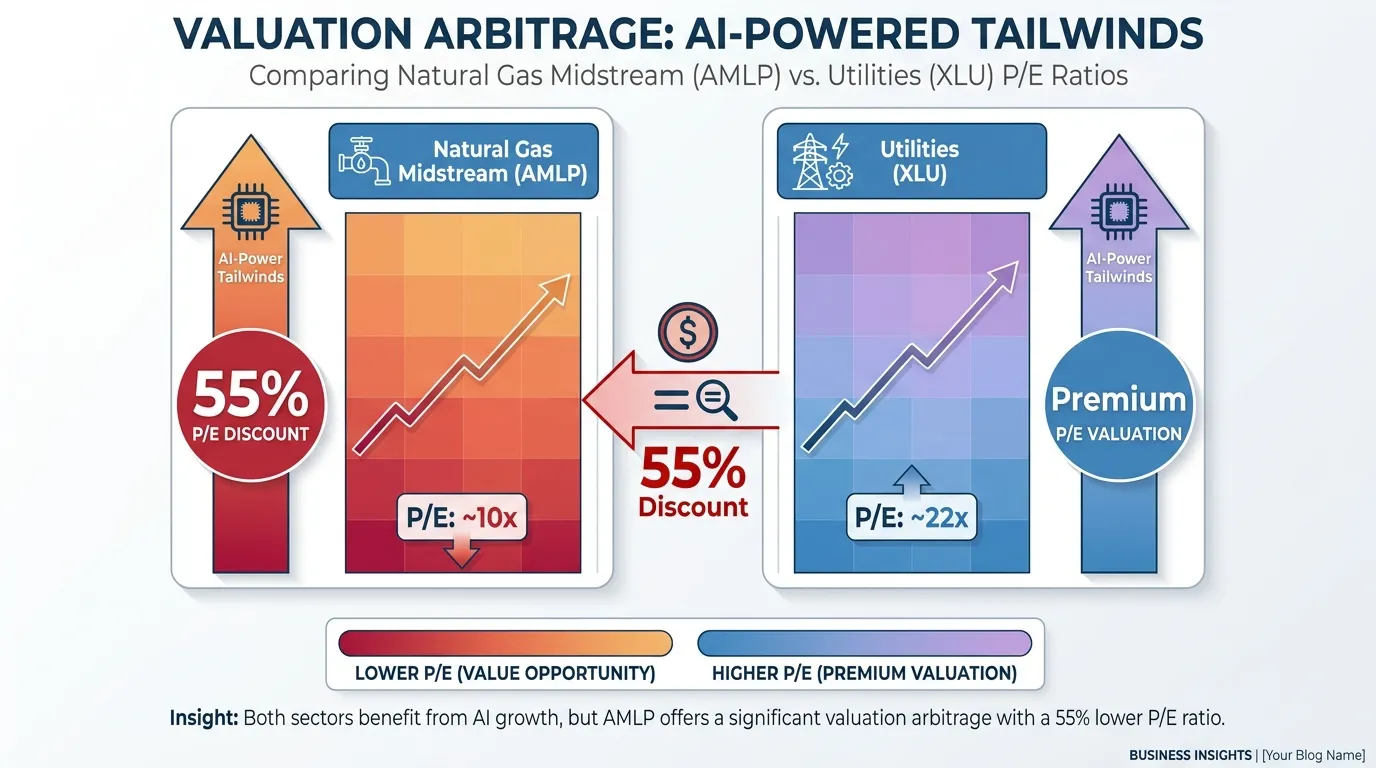 A heat map showing the "Valuation Arbitrage" where Natural Gas Midstream (AMLP) provides the same AI-power tailwinds as Utilities (XLU) but at a 55% discount on a P/E basis.