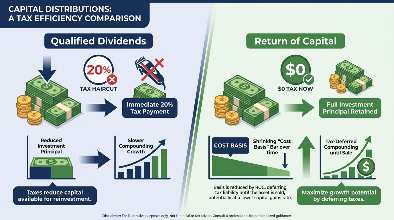 A split-screen comparison: Left side labeled 'Qualified Dividends' showing immediate 20% tax haircut; Right side labeled 'Return of Capital' showing $0 tax now, with a shrinking 'Cost Basis' bar, highlighting 'Tax-Deferred Compounding until Sale'. Use a clean, professional financial aesthetic with green and navy tones.