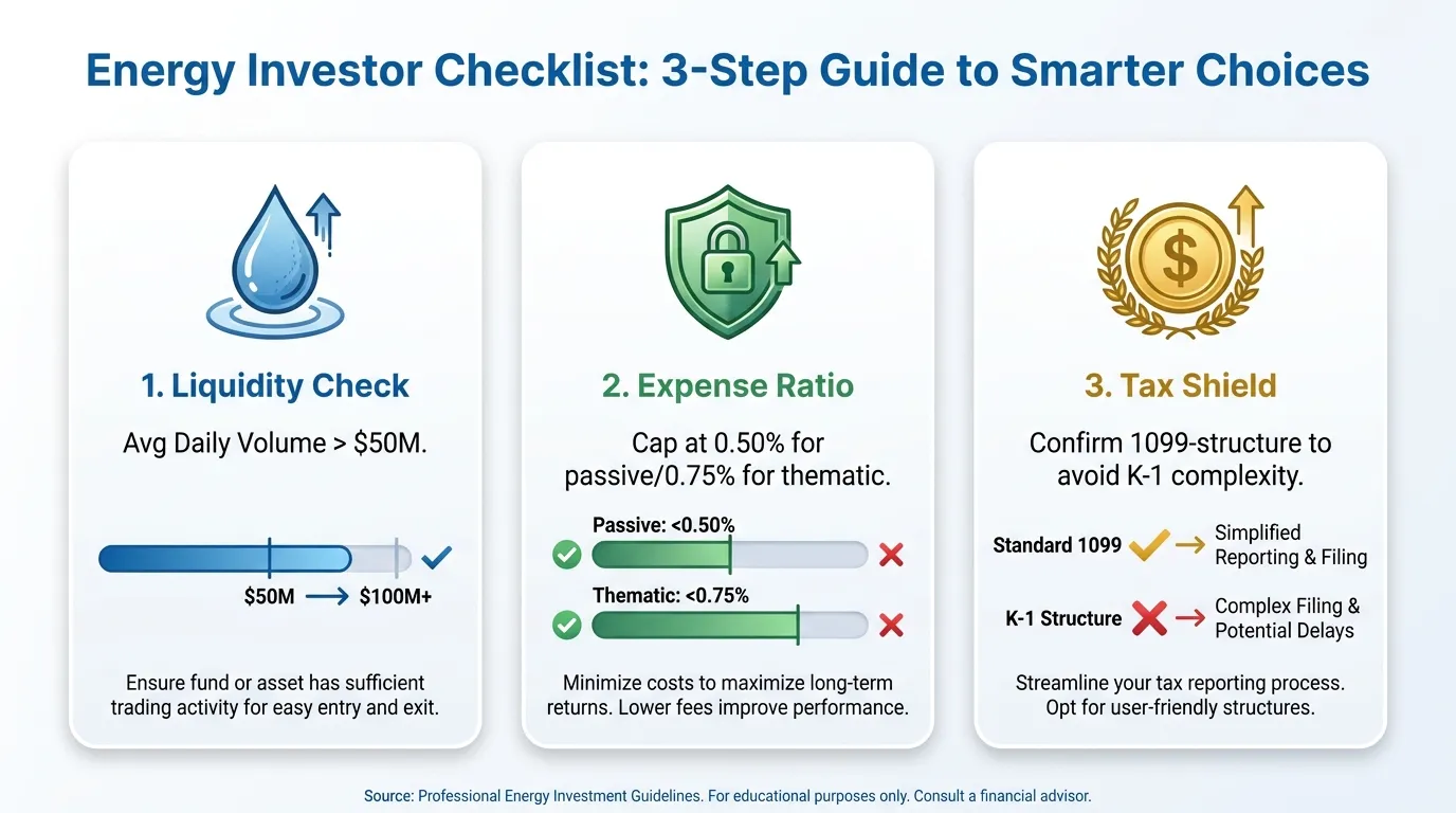 A clean, professional 3-step checklist for energy investors. Icons for a water drop (liquidity), a shield (tax), and a coin (fees). Text: 1. Liquidity Check: Avg Daily Volume > $50M. 2. Expense Ratio: Cap at 0.50% for passive/0.75% for thematic. 3. Tax Shield: Confirm 1099-structure to avoid K-1 complexity.