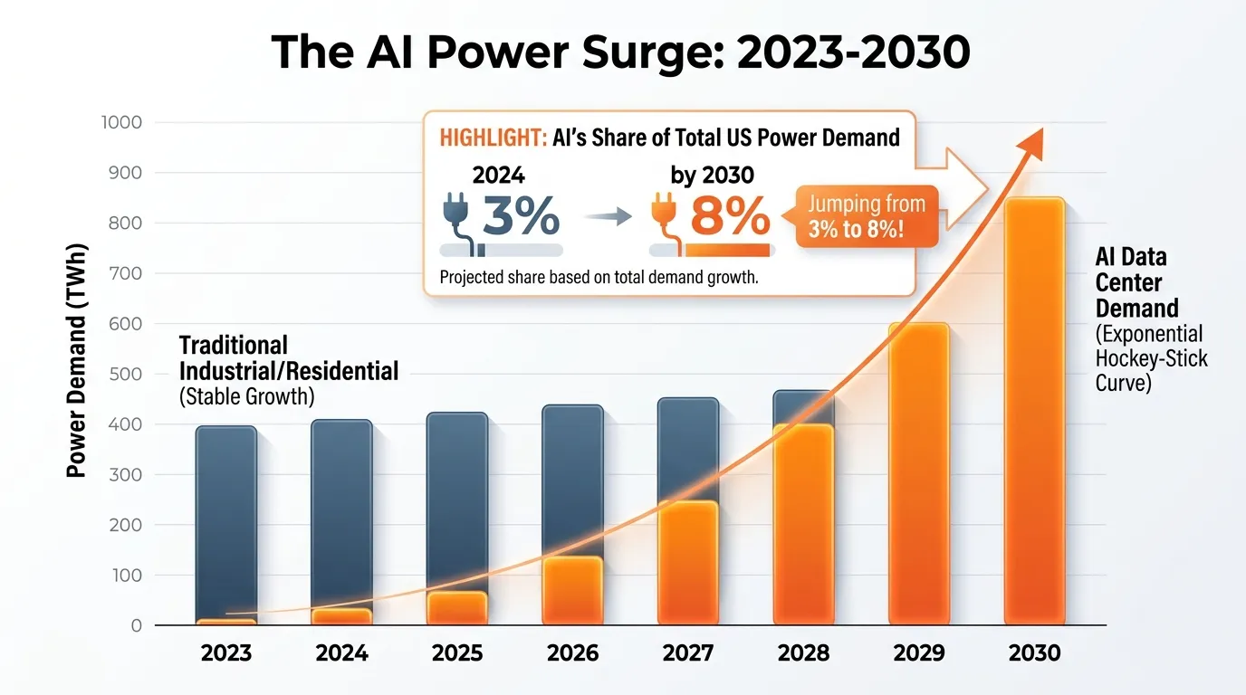 A multi-layered bar chart titled "The AI Power Surge: 2023-2030." Layer 1: Traditional Industrial/Residential use (stable growth). Layer 2: AI Data Center demand (exponential hockey-stick curve). Highlight: AI's share of total US power demand jumping from 3% in 2024 to 8% by 2030.