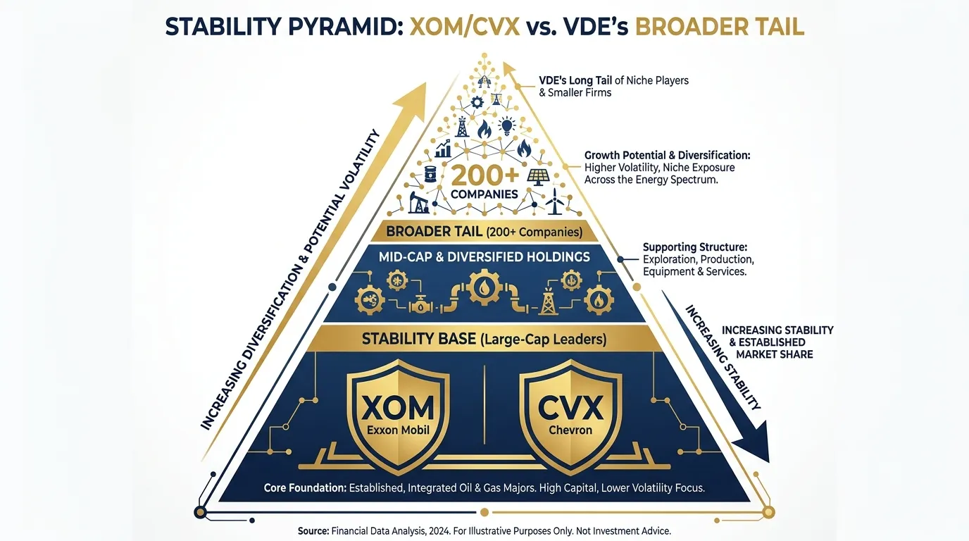 A clean, professional comparison graphic showing a "Stability Pyramid" with XOM/CVX at the base, and VDE's broader tail of 200+ companies as the supporting structure. Use a navy and gold color palette.