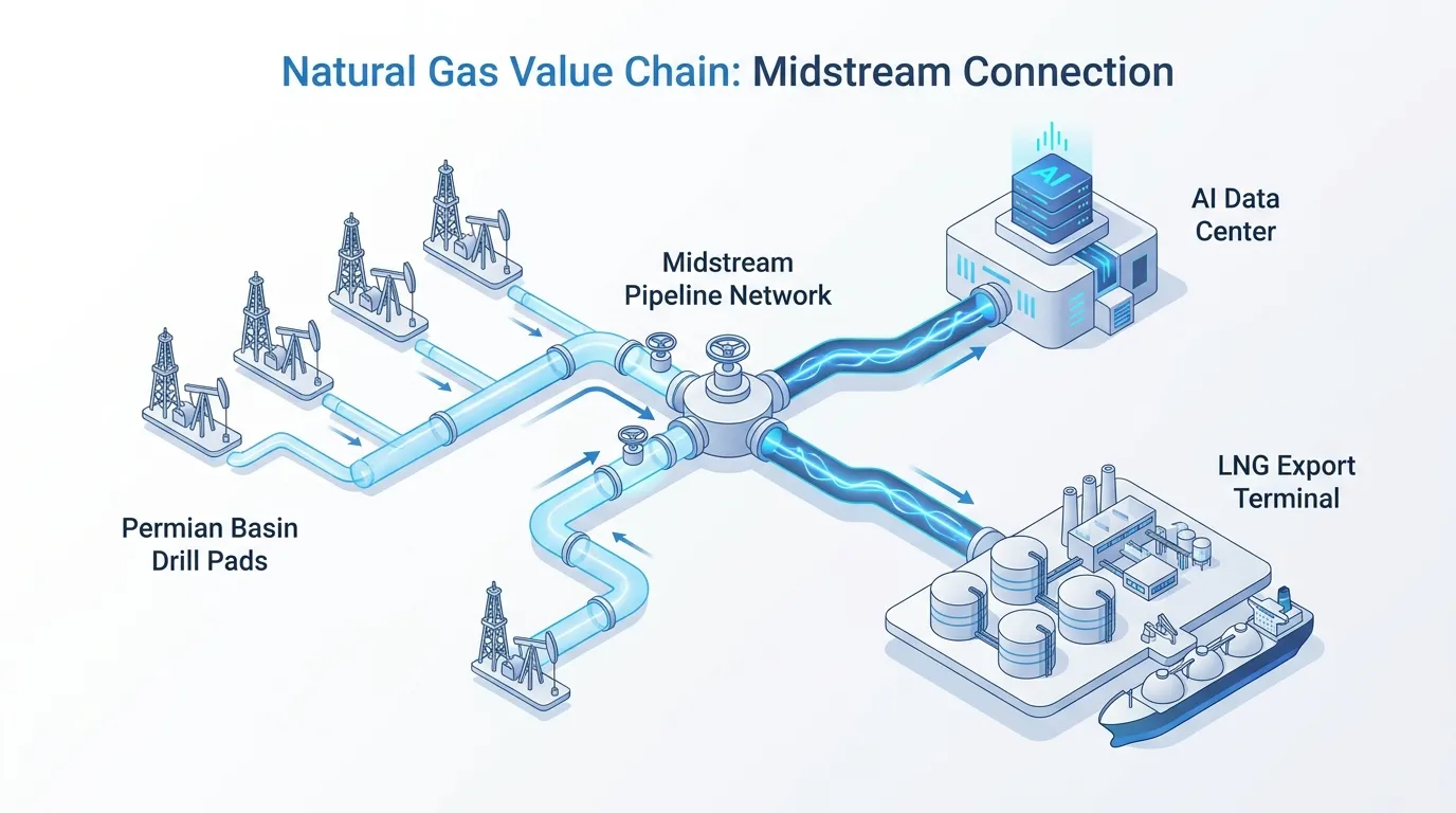 A conceptual 3D isometric map showing natural gas flowing from Permian drill pads through a pipeline network into a glowing "AI Data Center" on one side and a massive "LNG Export Terminal" on the other, highlighting the midstream connection.