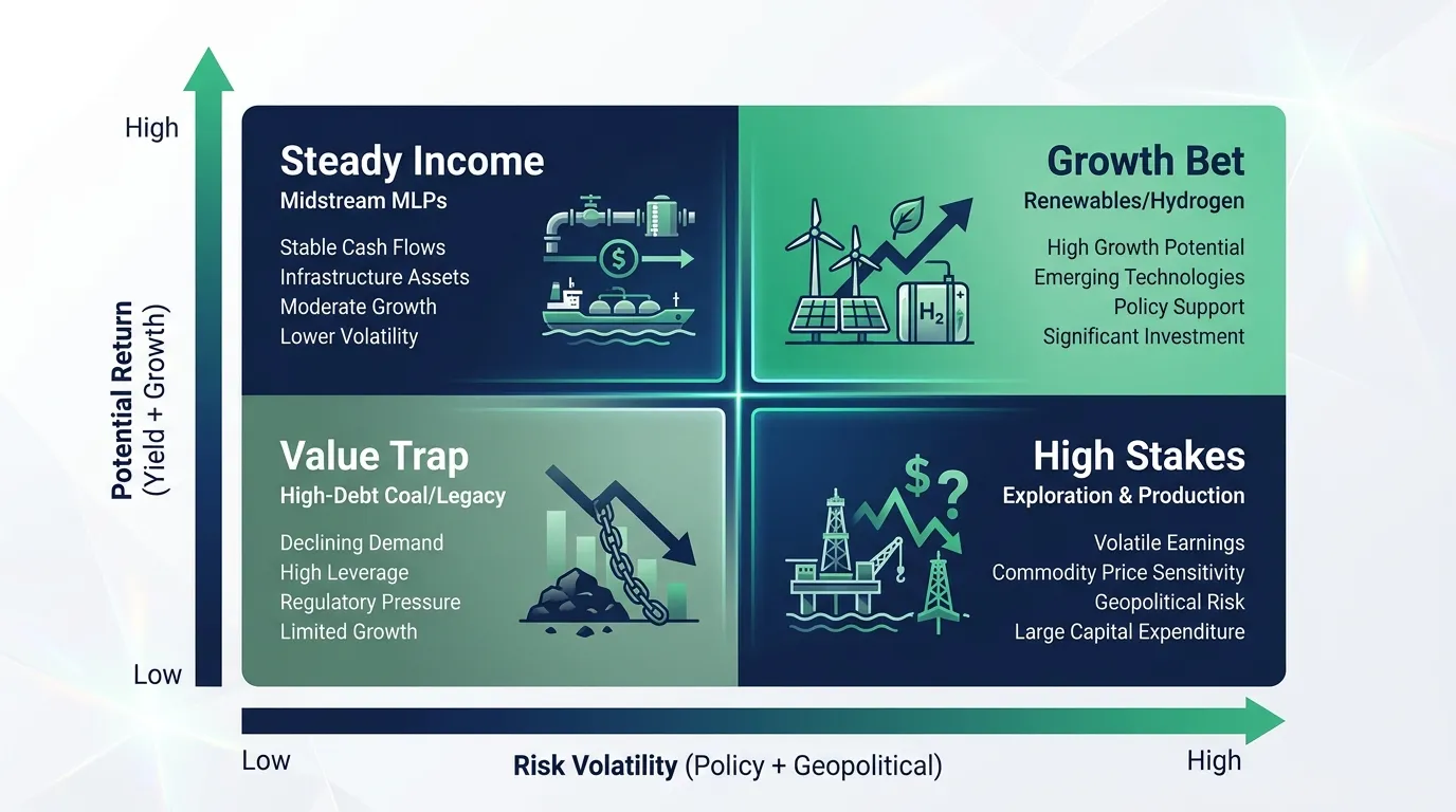A 2x2 Risk vs. Reward Matrix. Y-axis: Potential Return (Yield + Growth). X-axis: Risk Volatility (Policy + Geopolitical). Quadrants: 'Steady Income' (Midstream MLPs), 'High Stakes' (Exploration & Production), 'Growth Bet' (Renewables/Hydrogen), and 'Value Trap' (High-Debt Coal/Legacy). Professional financial style with navy blue and emerald green accents.
