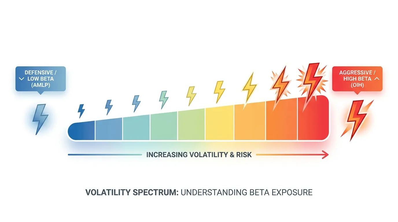 A spectrum scale showing "Defensive/Low Beta" (AMLP) on the left to "Aggressive/High Beta" (OIH) on the right, with lightning bolt icons indicating volatility intensity.
