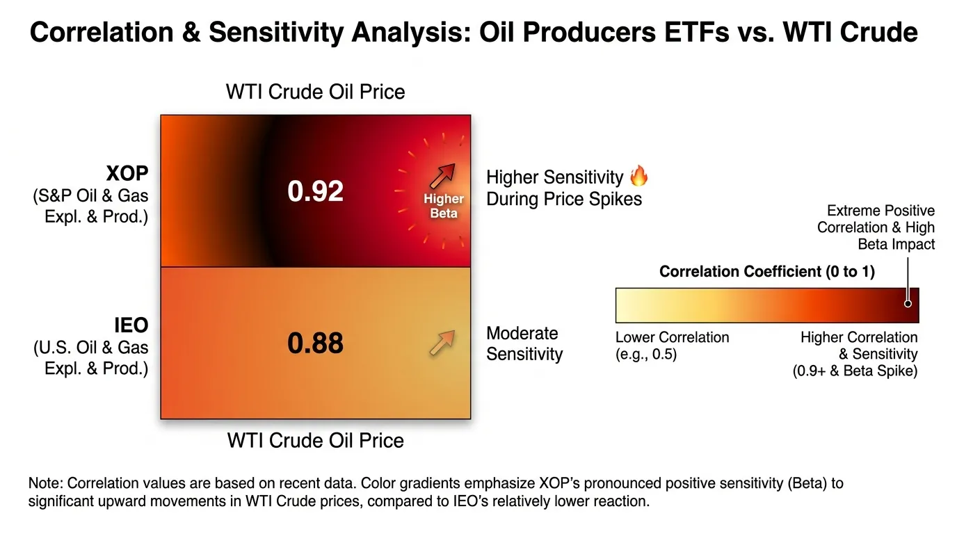 A high-contrast correlation heat map showing the 0.92 correlation of XOP to WTI Crude vs. 0.88 for IEO, with color gradients indicating XOP's higher sensitivity (Beta) during price spikes.