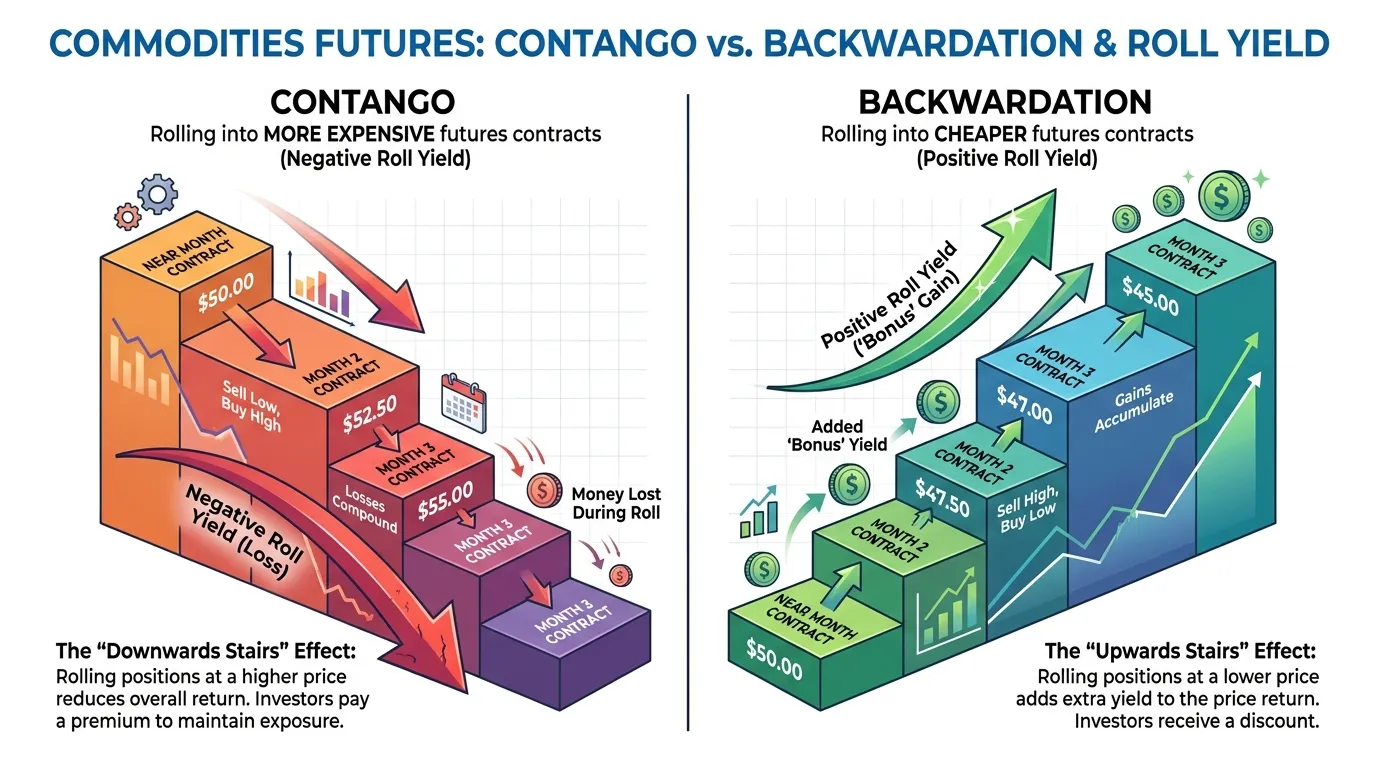 A split-screen diagram. Left side: 'Contango' showing a downward stairs effect where money is lost during the monthly roll. Right side: 'Backwardation' showing an upward stairs effect where rolling into cheaper future contracts adds 'bonus' yield to the price return.