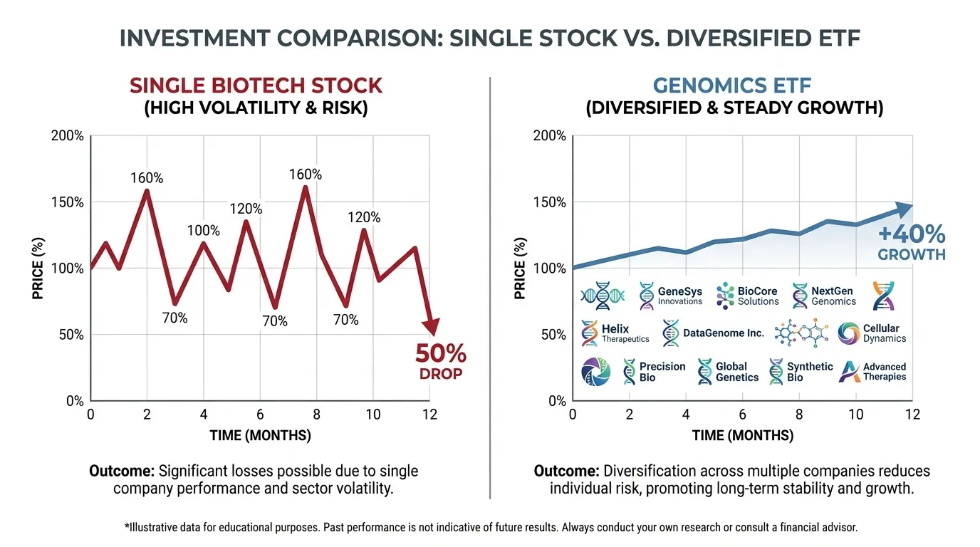 A split-screen comparison: Left side showing the volatile zig-zag of a single biotech stock price ending in a 50% drop; Right side showing a steady, upward-sloping line of a genomics ETF with diverse company logos underneath.