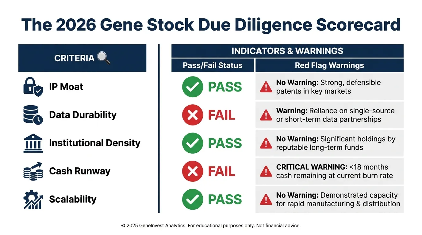 A clean, professional high-contrast checklist titled "The 2026 Gene Stock Due Diligence Scorecard." Left side lists criteria: IP Moat, Data Durability, Institutional Density, Cash Runway, Scalability. Right side features "Pass/Fail" indicators and "Red Flag" warnings (e.g., <18 months cash, ongoing patent litigation).