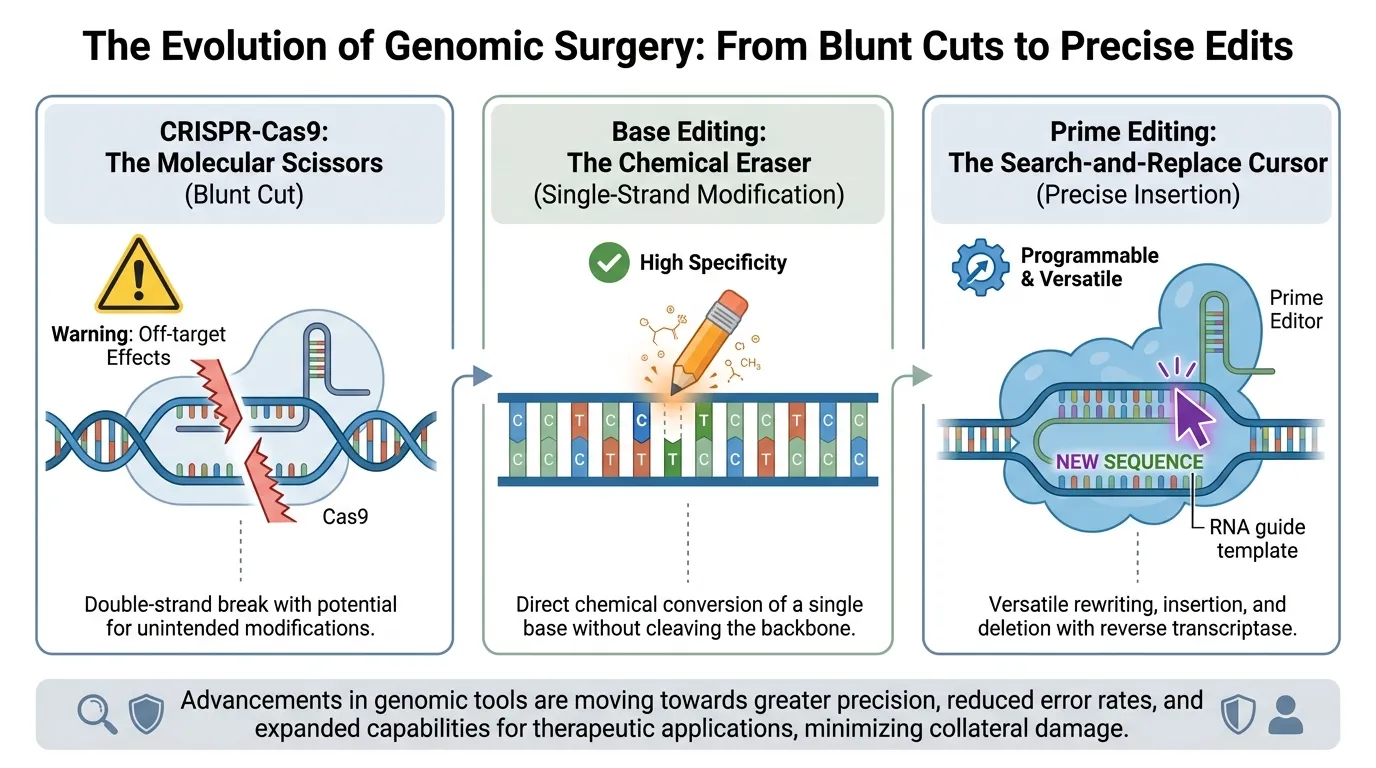 A three-panel scientific diagram. Panel 1: CRISPR-Cas9 showing a jagged "cut" through both DNA strands with a "Warning: Off-target" icon. Panel 2: Base Editing showing a "chemical eraser" changing a C to a T on a single strand. Panel 3: Prime Editing showing a "cursor" inserting a specific new sequence. Label: "The Evolution of Genomic Surgery."