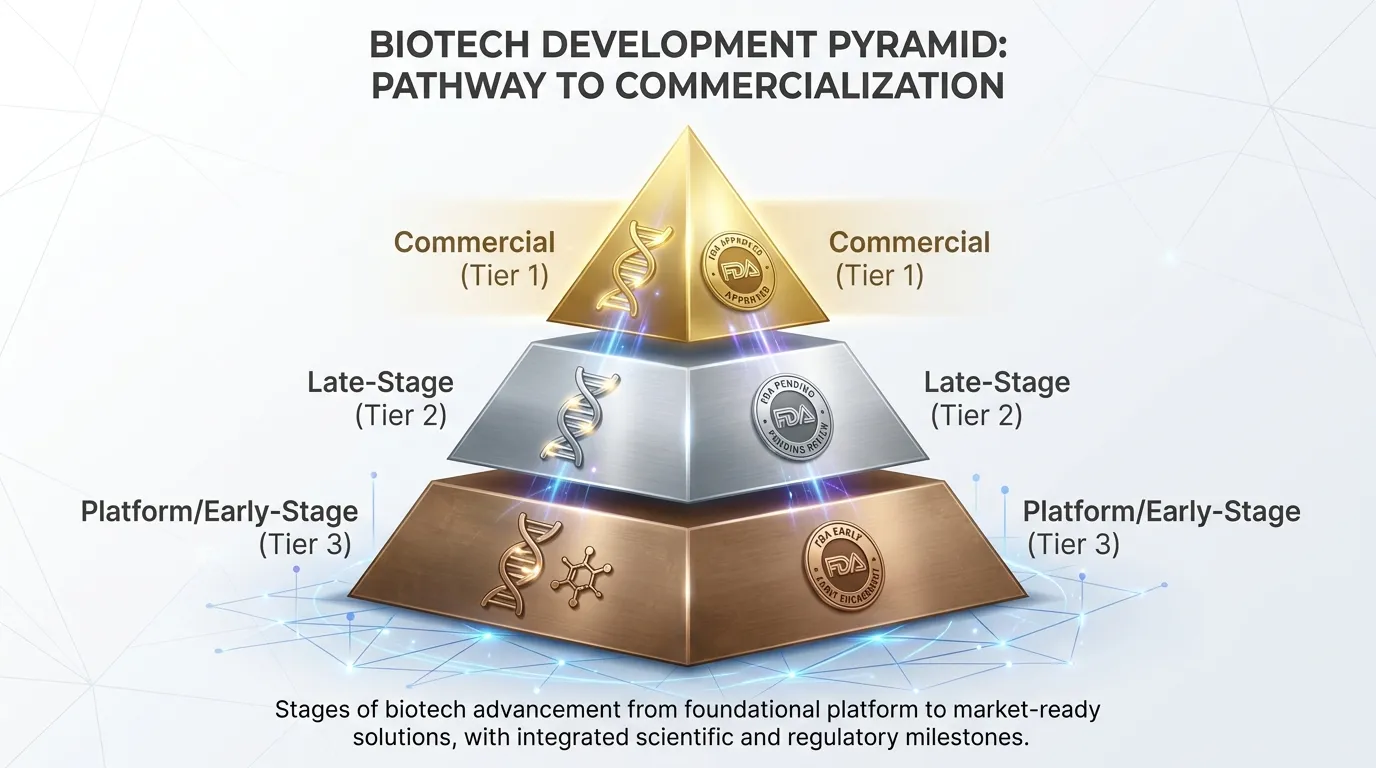 A 3D pyramid chart with three horizontal layers. The top layer (Apex) is labeled "Commercial (Tier 1)" in gold; the middle layer is "Late-Stage (Tier 2)" in silver; the bottom layer is "Platform/Early-Stage (Tier 3)" in bronze. Icons of DNA strands and FDA stamps are integrated into the design.