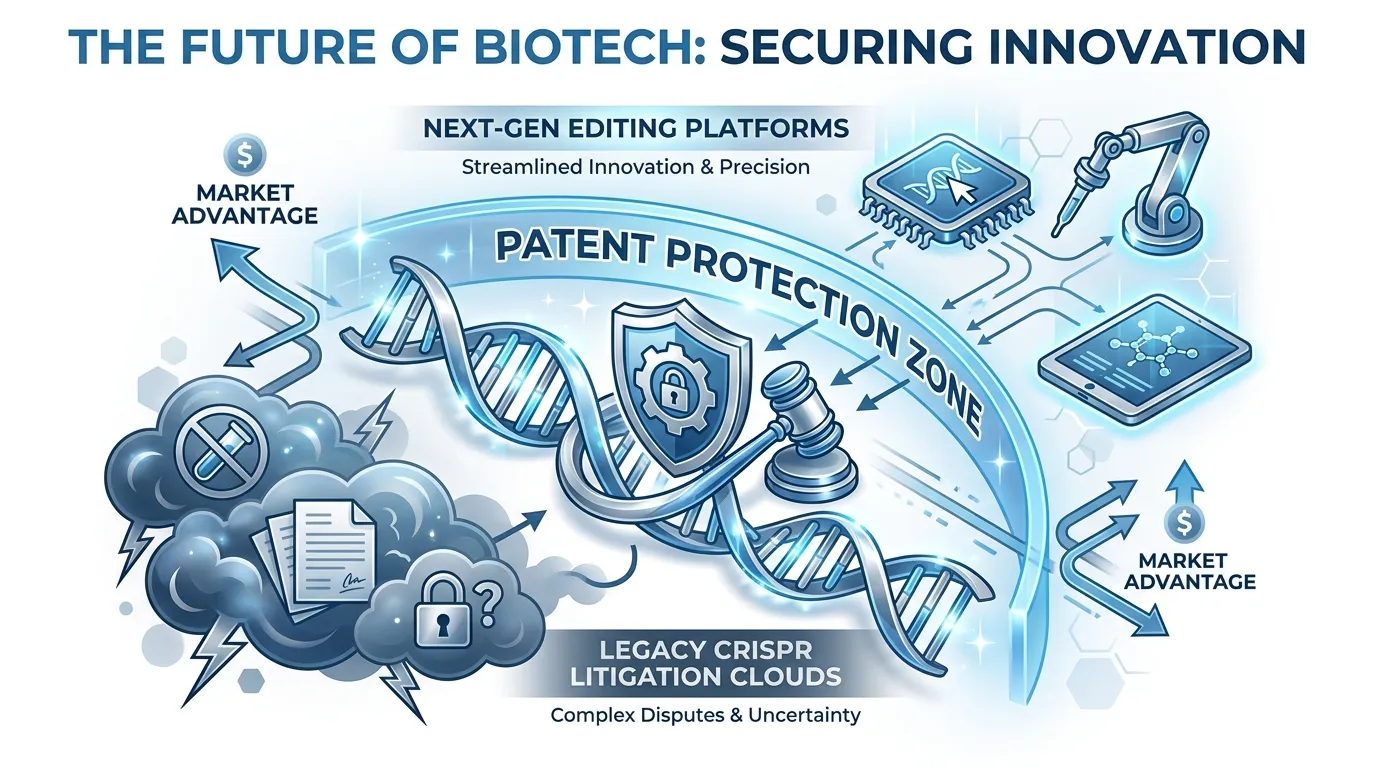3D DNA strand intertwined with a shield and a gavel, showing a "Patent Protection Zone" separating Next-Gen editing platforms from Legacy CRISPR litigation clouds, professional blue and silver color palette.