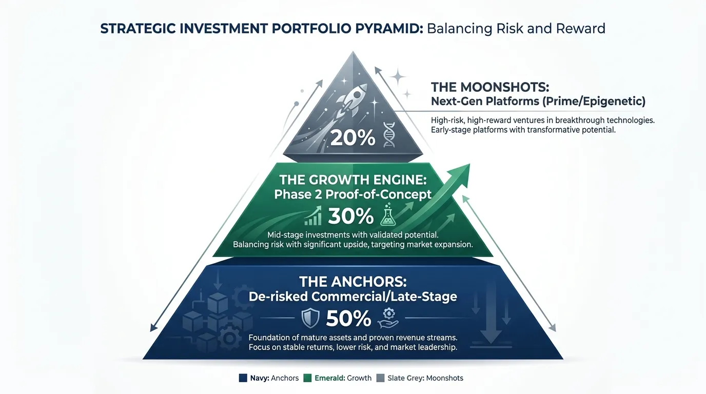 A three-tiered investment pyramid. The base (50%) is labeled "The Anchors: De-risked Commercial/Late-Stage"; the middle (30%) is "The Growth Engine: Phase 2 Proof-of-Concept"; the peak (20%) is "The Moonshots: Next-Gen Platforms (Prime/Epigenetic)." Use a professional color palette of navy, emerald, and slate grey.