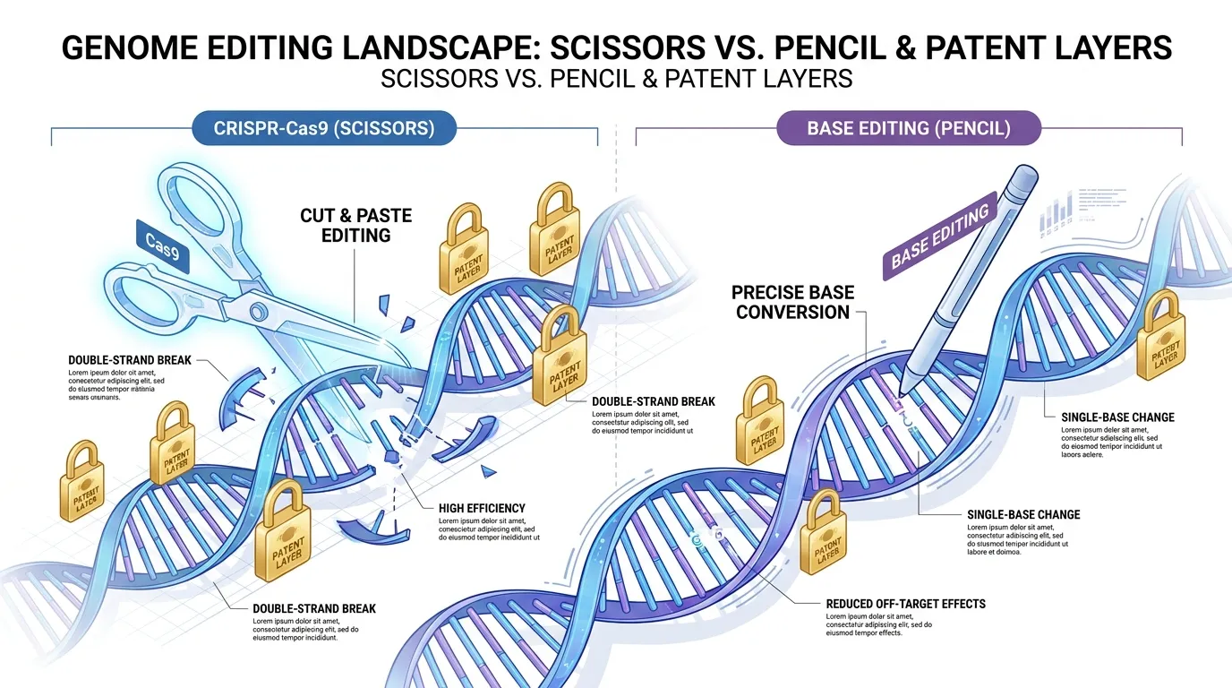 A 3D isometric blueprint of a DNA strand being cut by "Scissors" (Cas9) vs. "Pencil" (Base Editing), with golden padlocks representing patent layers on different genomic regions.