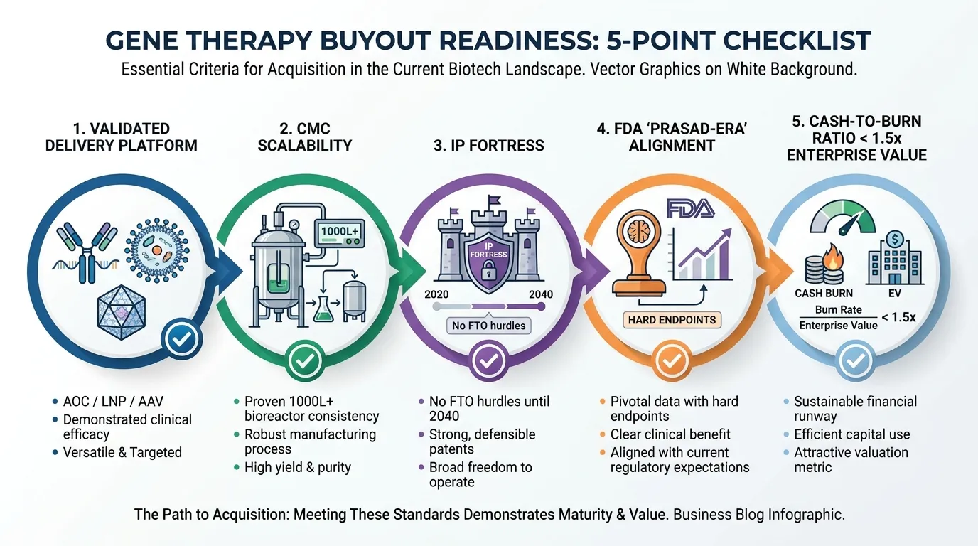 5-Point 'Buyout Readiness' Checklist for Gene Therapy: 1. Validated Delivery Platform (AOC/LNP/AAV), 2. CMC Scalability (Proven 1000L+ bioreactor consistency), 3. IP Fortress (No FTO hurdles until 2040), 4. FDA 'Prasad-Era' Alignment (Pivotal data with hard endpoints), 5. Cash-to-Burn Ratio < 1.5x Enterprise Value.