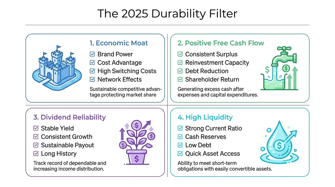 A clean, 4-quadrant checklist titled "The 2025 Durability Filter." Icons for: 1. Economic Moat (a castle), 2. Positive Free Cash Flow (a flowing tap), 3. Dividend Reliability (a growing plant), 4. High Liquidity (a water drop).
