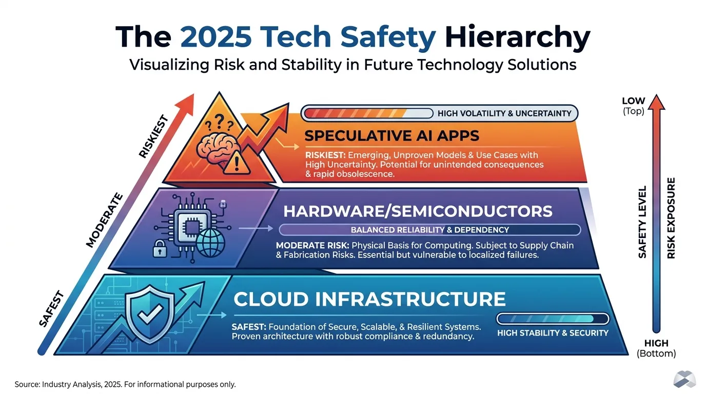 A pyramid structure titled "The 2025 Tech Safety Hierarchy." The broad base is "Cloud Infrastructure" (Safest), the middle is "Hardware/Semiconductors," and the tip is "Speculative AI Apps" (Riskiest).