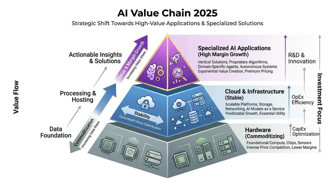 A tiered pyramid showing the "AI Value Chain 2025." The base is hardware (commoditizing), the middle is cloud/infrastructure (stable), and the apex is "Specialized AI Applications" (high margin growth).