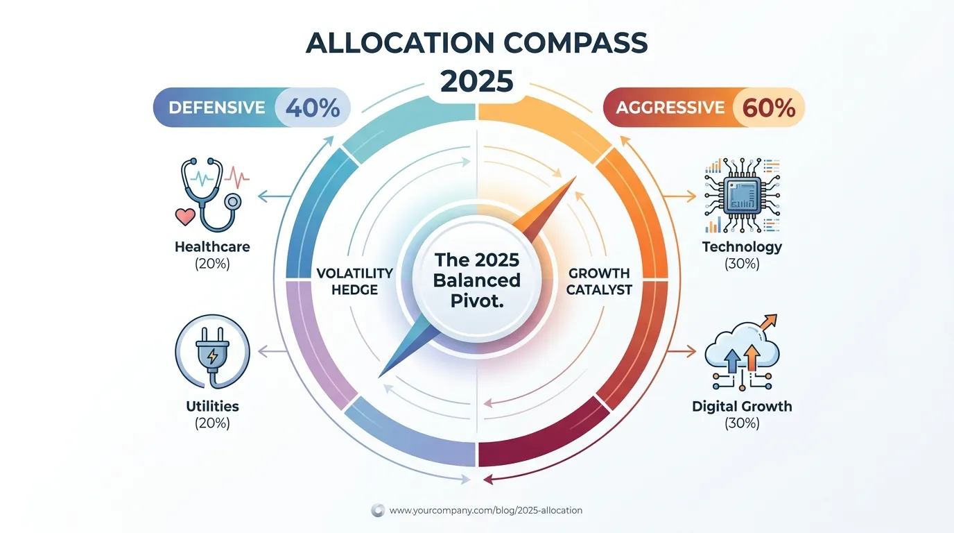 A circular "Allocation Compass" for 2025. The left half (Defensive, 40%) shows icons for a stethoscope (Healthcare) and a power plug (Utilities) with the label "Volatility Hedge." The right half (Aggressive, 60%) shows a microchip and a cloud, labeled "Growth Catalyst." Central text: "The 2025 Balanced Pivot."
