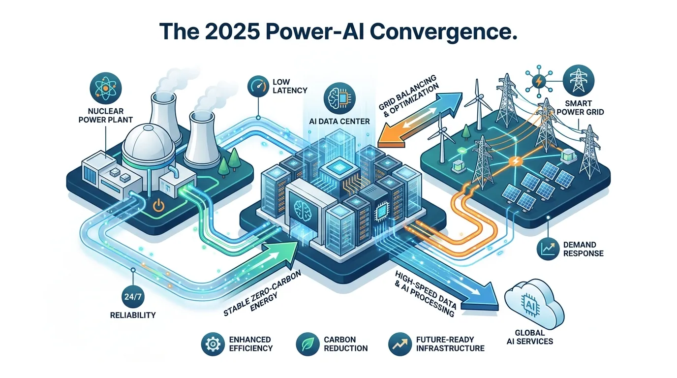 A 3D isometric representation of a data center connected to a nuclear power plant and a modern power grid, labeled with "The 2025 Power-AI Convergence."
