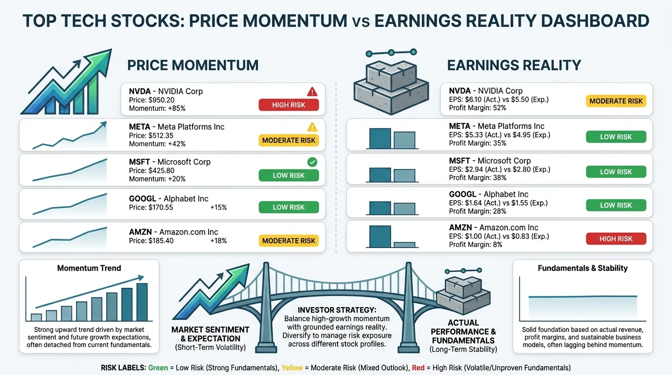 A clean, professional dashboard comparing 'Price Momentum' (ascending arrow) vs 'Earnings Reality' (solid foundation blocks) for top tech stocks, with color-coded risk labels.