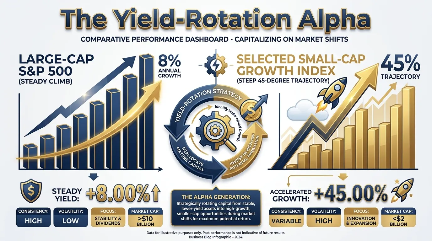 A high-contrast comparison dashboard titled 'The Yield-Rotation Alpha'. Left side: Large-Cap S&P 500 (steady 8% climb). Right side: Selected Small-Cap Growth Index (steep 45-degree trajectory). Use professional navy and gold color palette with 3D bar elements.