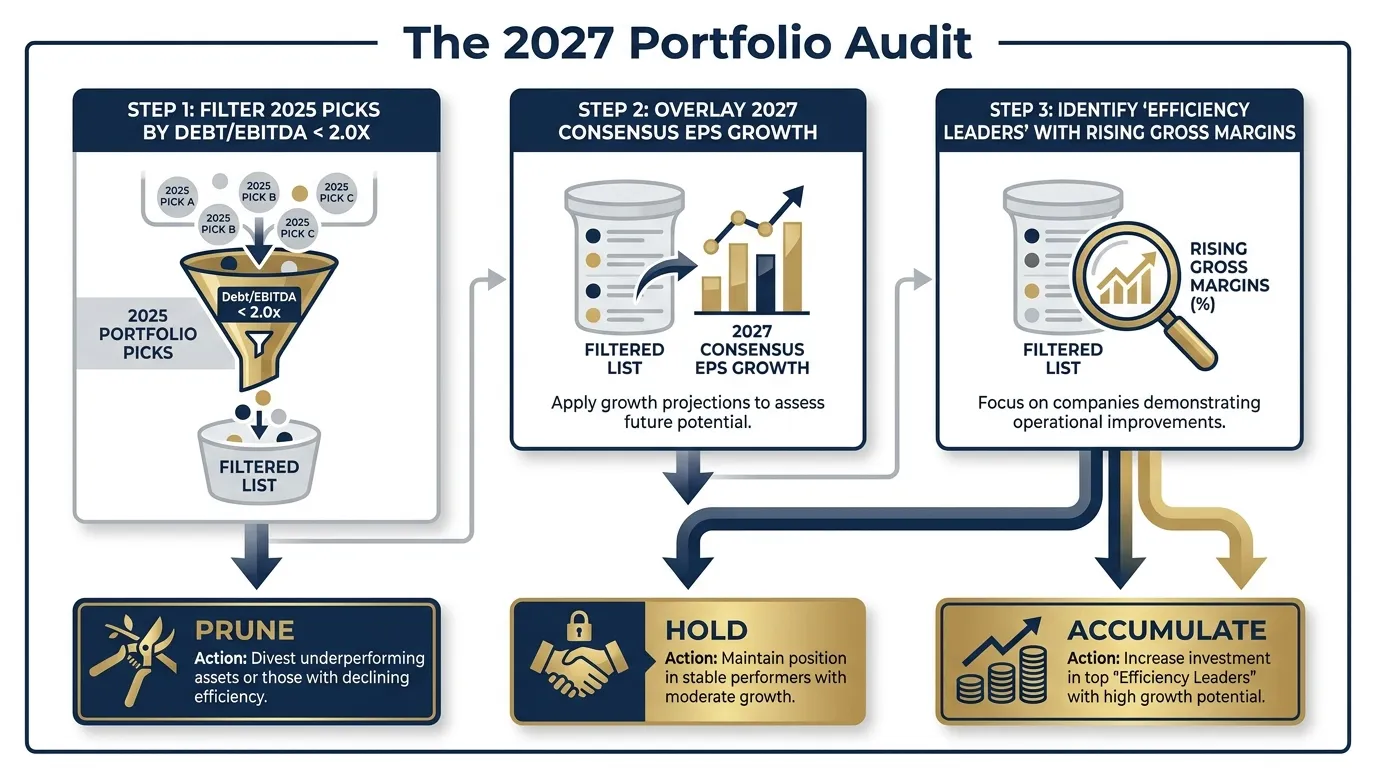 A sleek, professional vertical flow chart titled "The 2027 Portfolio Audit." Step 1: Filter 2025 picks by Debt/EBITDA < 2.0x. Step 2: Overlay 2027 Consensus EPS Growth. Step 3: Identify 'Efficiency Leaders' with rising Gross Margins. Icons for 'Prune', 'Hold', and 'Accumulate' in navy and gold.