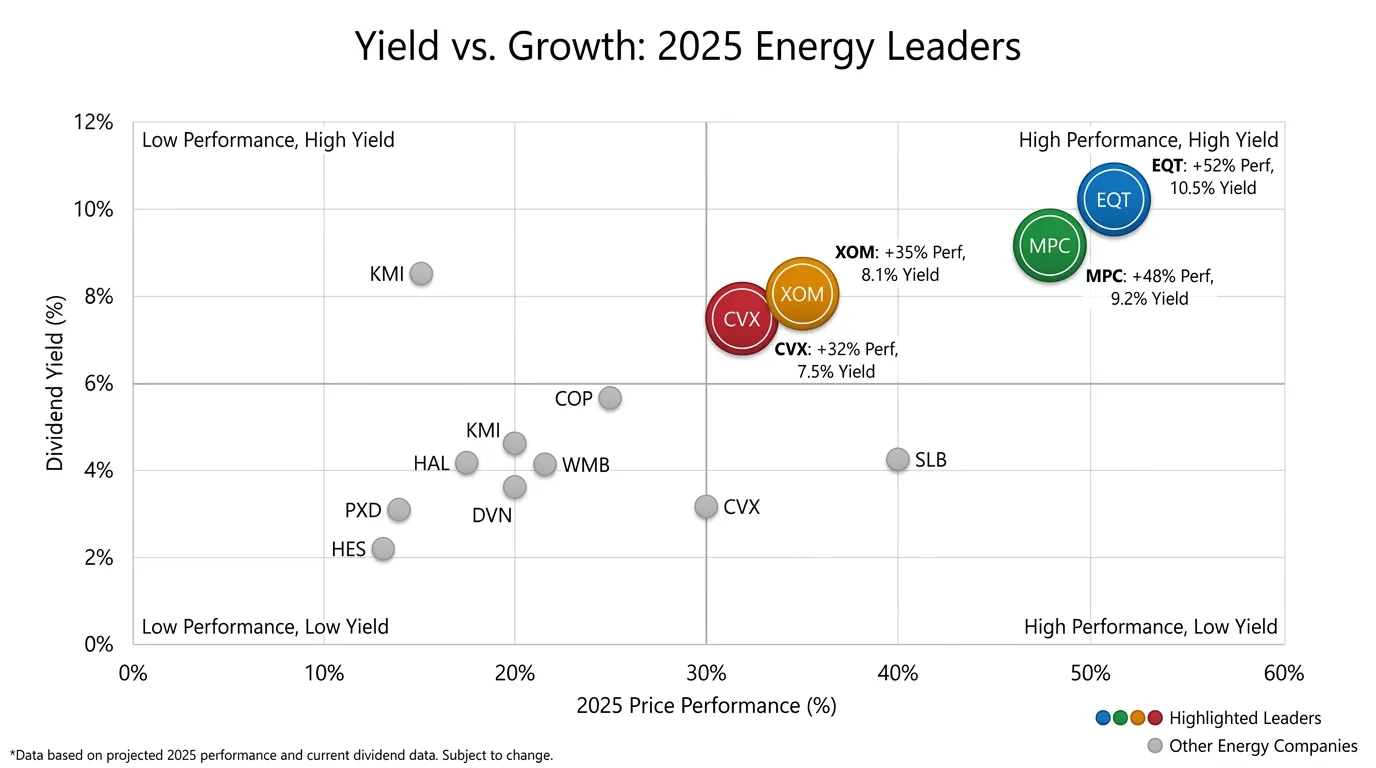 A scatter plot titled "Yield vs. Growth: 2025 Energy Leaders." X-axis: 2025 Price Performance (%). Y-axis: Dividend Yield (%). Highlighting EQT, MPC, XOM, and CVX. EQT and MPC should be in the "High Performance, High Yield" upper-right quadrant.