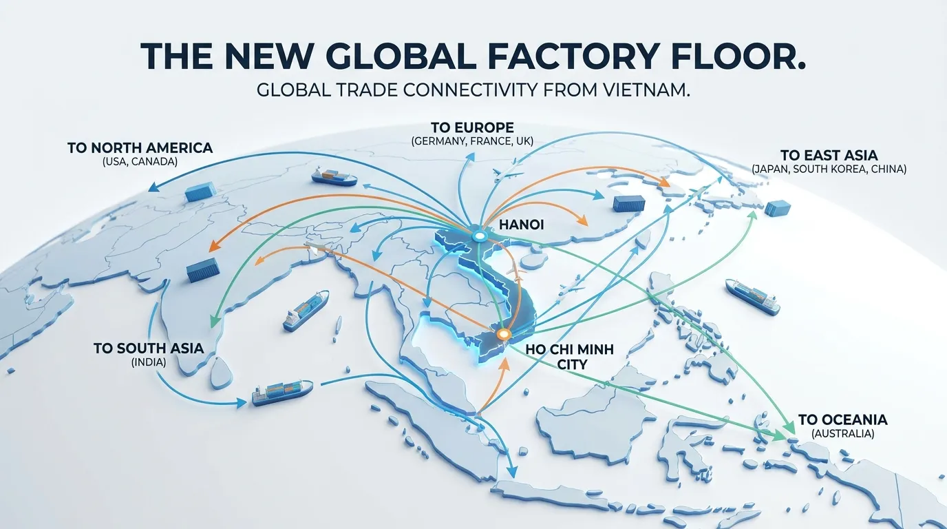 3D map of Southeast Asia highlighting trade routes from Hanoi and Ho Chi Minh City to global markets, labeled "The New Global Factory Floor."