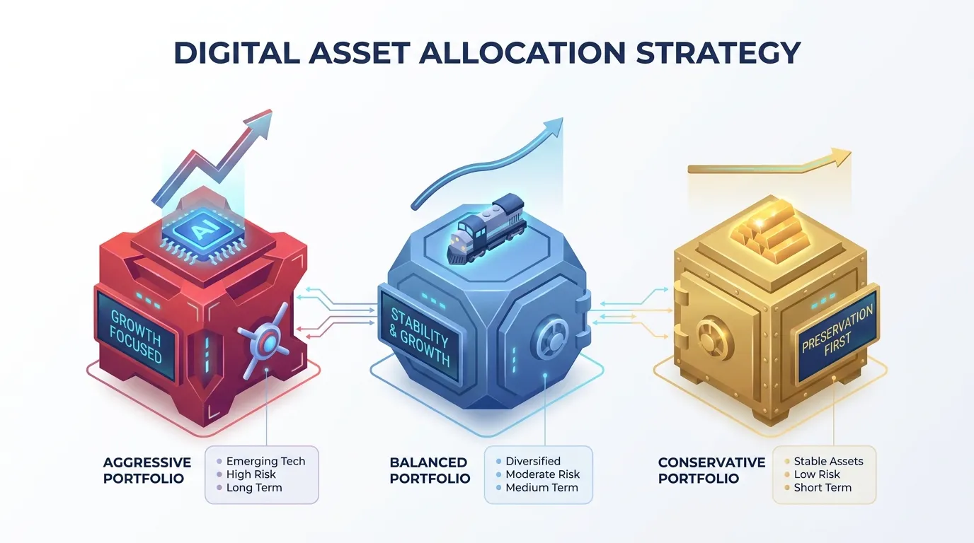 A modern, clean 3D isometric representation of three distinct vaults representing the Aggressive, Balanced, and Conservative portfolios, with icons for AI chips, locomotives, and gold bars respectively.