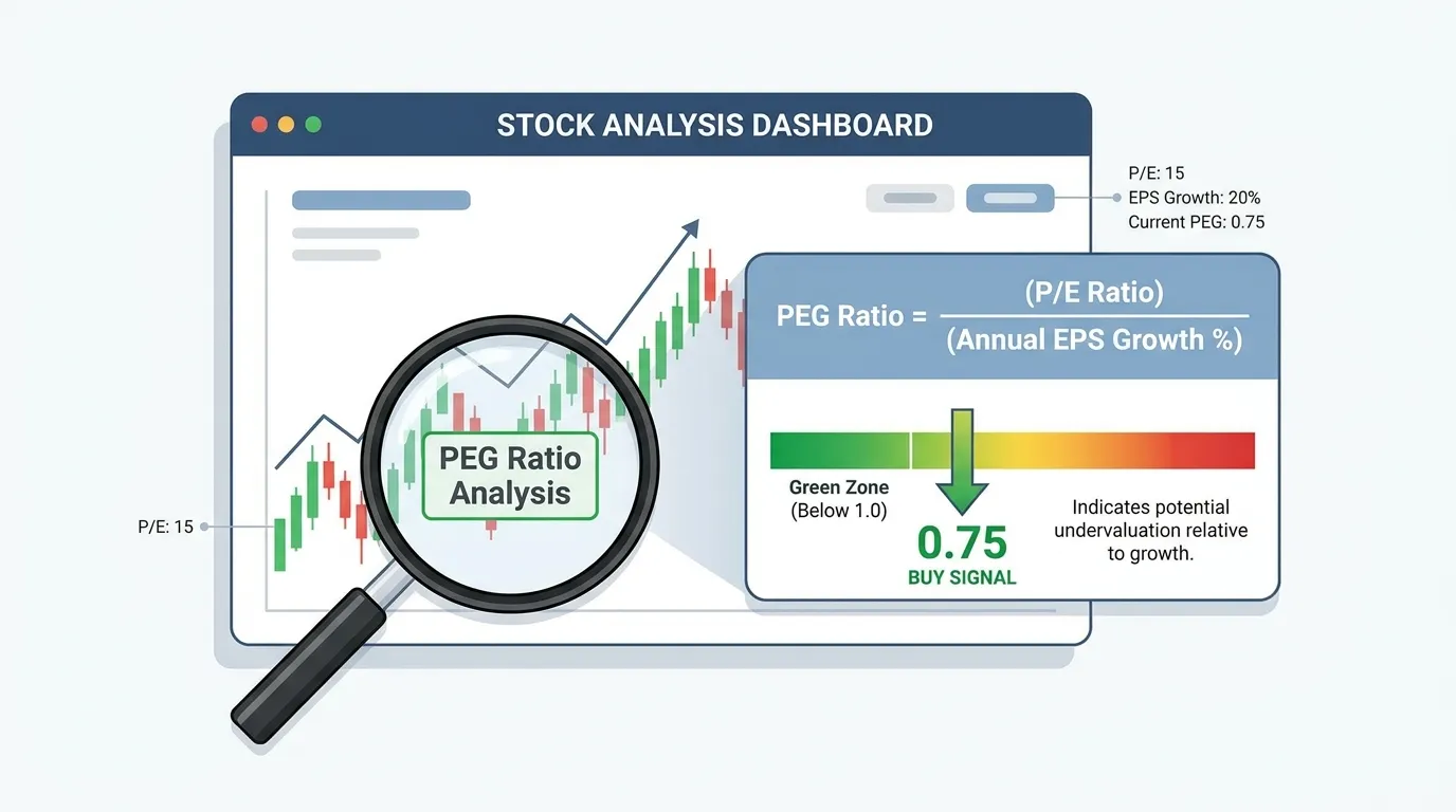 A professional dashboard showing a magnifying glass over a stock chart, highlighting the 'PEG Ratio' formula: P/E divided by Annual EPS Growth, with a 'Green Zone' below 1.0.