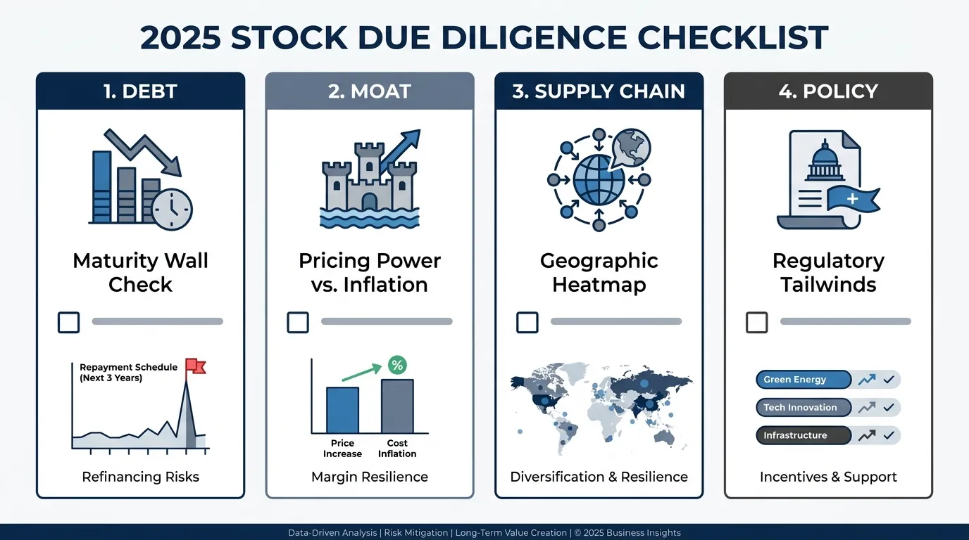 A professional, minimalist '2025 Stock Due Diligence' checklist. Icons for: 1. Debt (Maturity wall check), 2. Moat (Pricing power vs. inflation), 3. Supply Chain (Geographic heatmap), 4. Policy (Regulatory tailwinds). Clean dark-blue and slate-gray palette.
